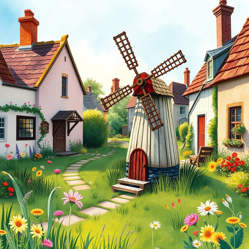 Whimsical Village Windmill in Quentin Blake's Style