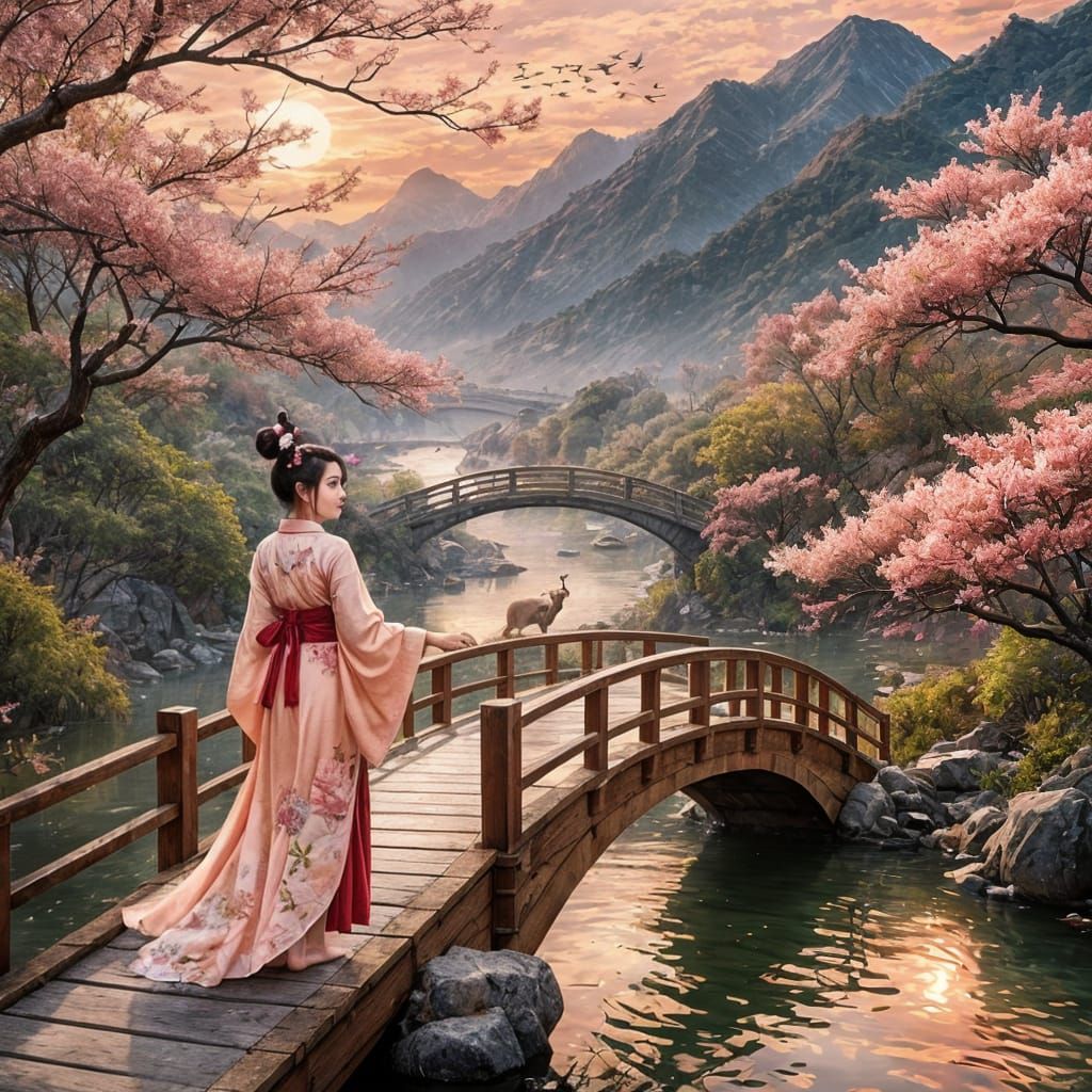 Eastern Goddess on a Sunset Bridge