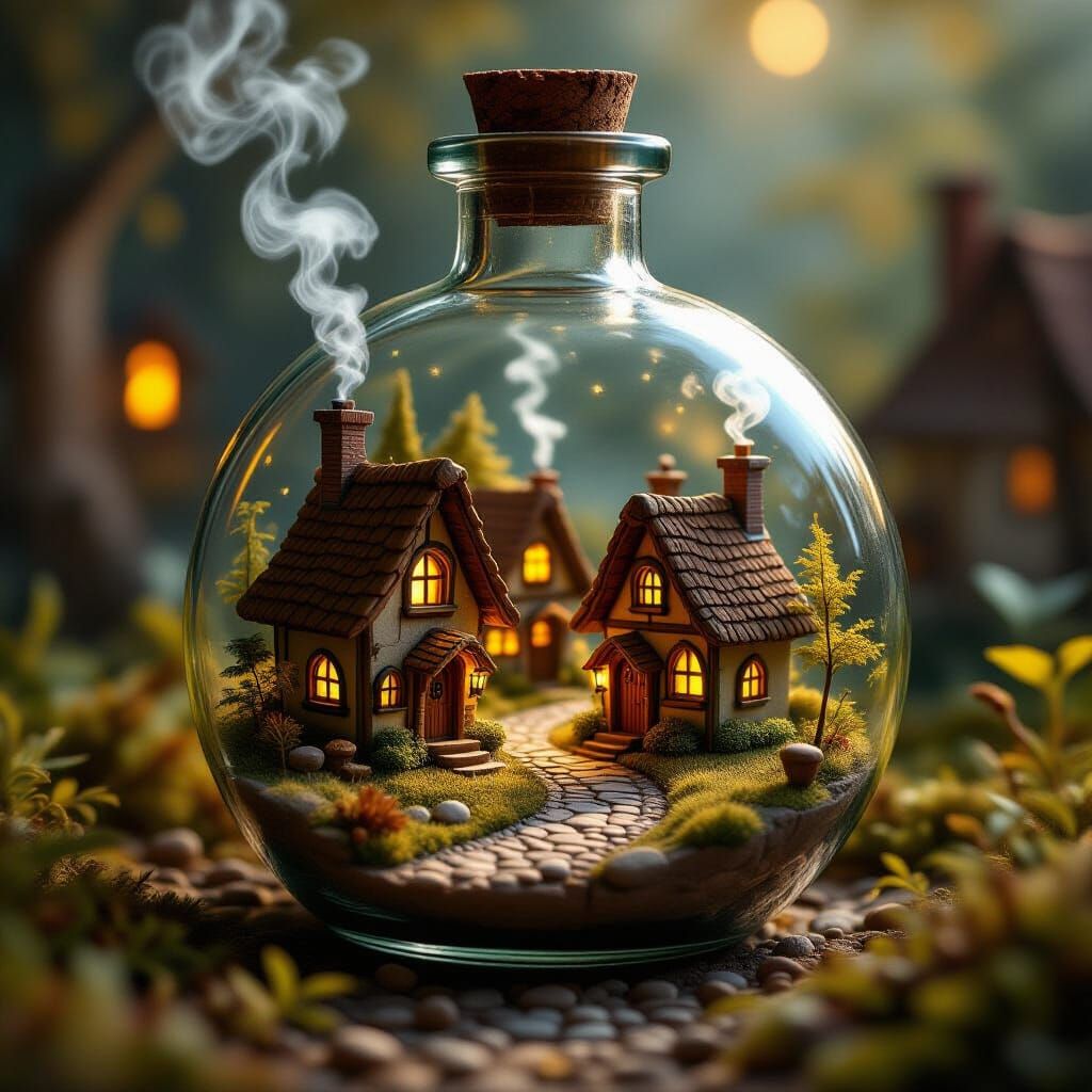 Cozy Storybook Village Inside Potion Bottle