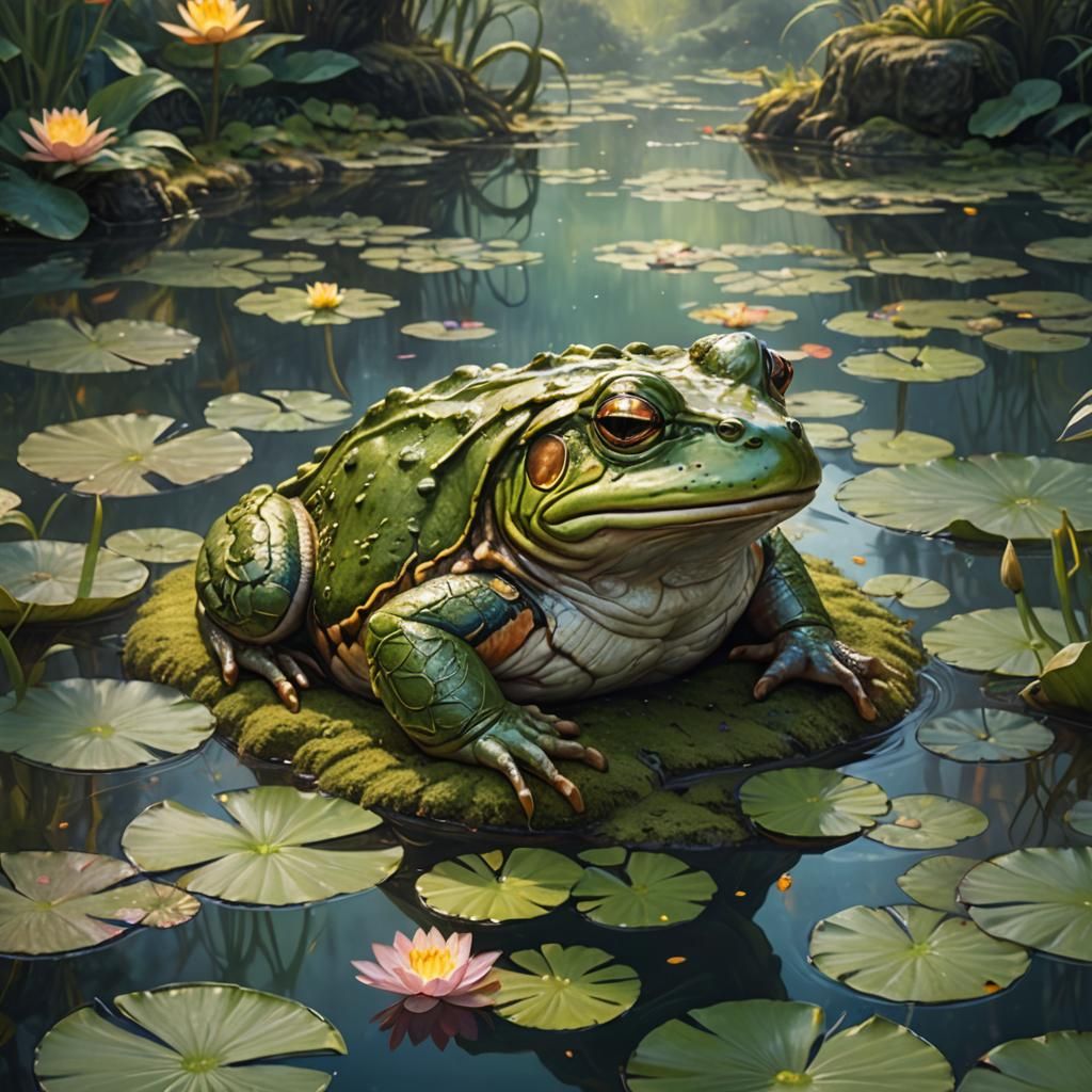 Bullfrog King on Lilypad Throne, Fantasy Art