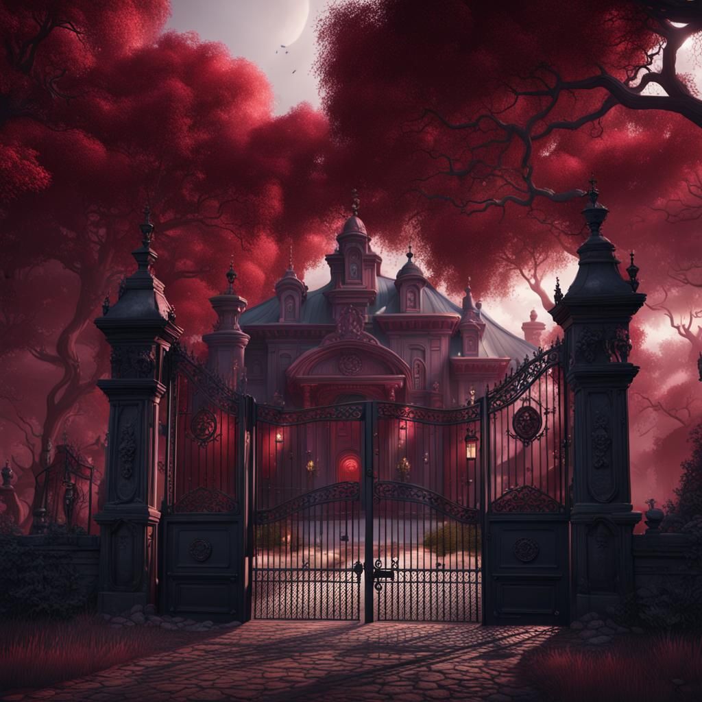 Creepy Maroon Mansion with Red House Sign