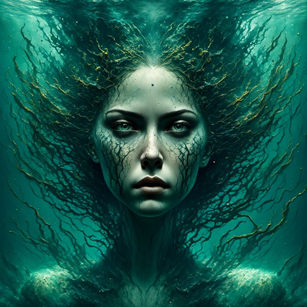 Menacing Mermaid Portrait in Deep Ocean Horror Style