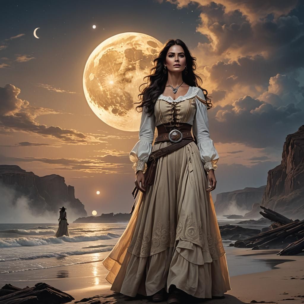 Western Women Gaze at Mystical Moon in Golden Hour