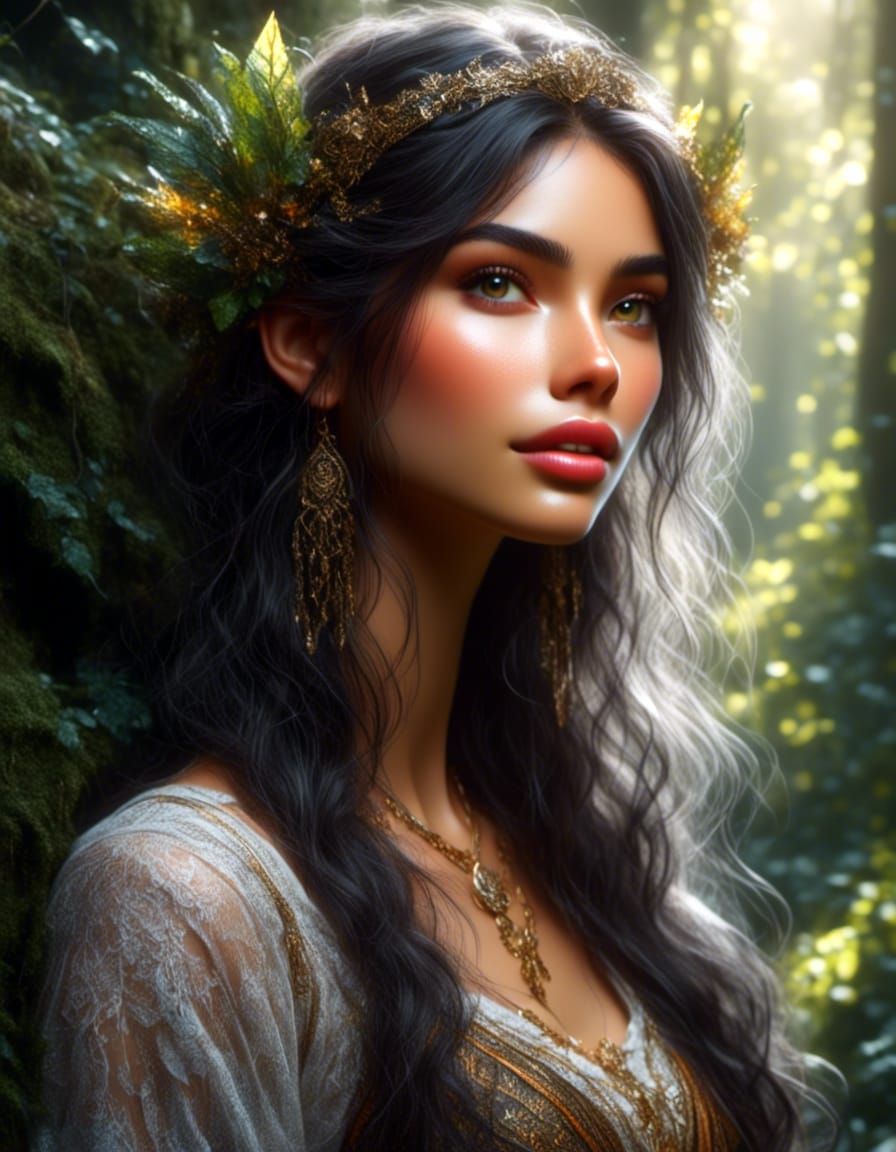 Sunlit Elf Girl Portrait in Sketch Style