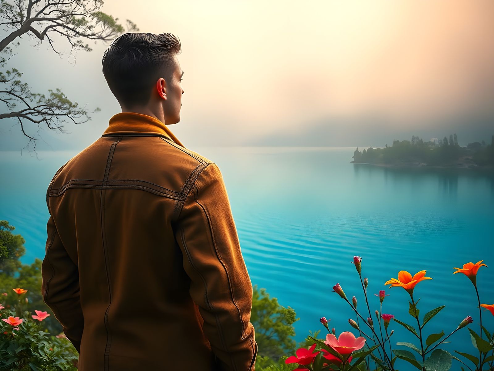 Elegant Man Contemplates Peaceful Lake Scene in Soft Light