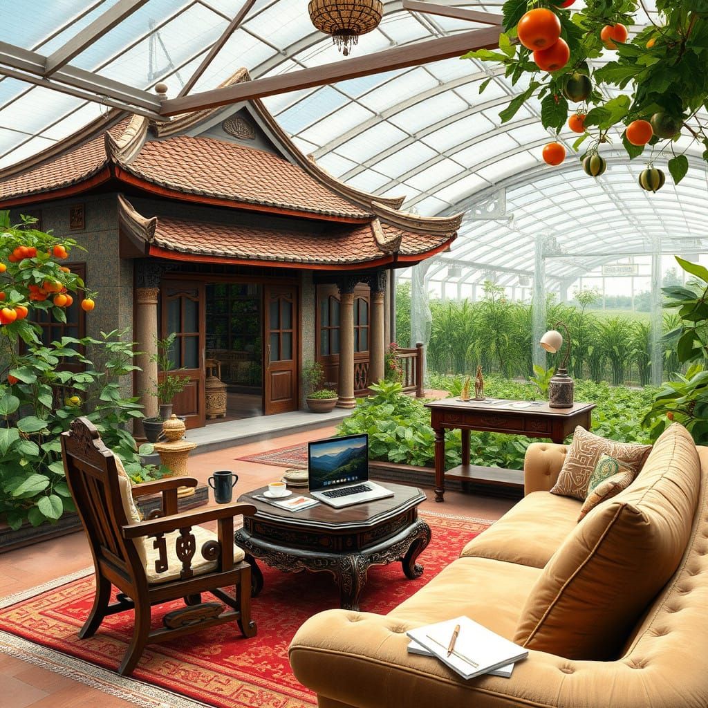 Vibrant Chinese Luxury House Amidst Lush Greenhouse Vegetabl...