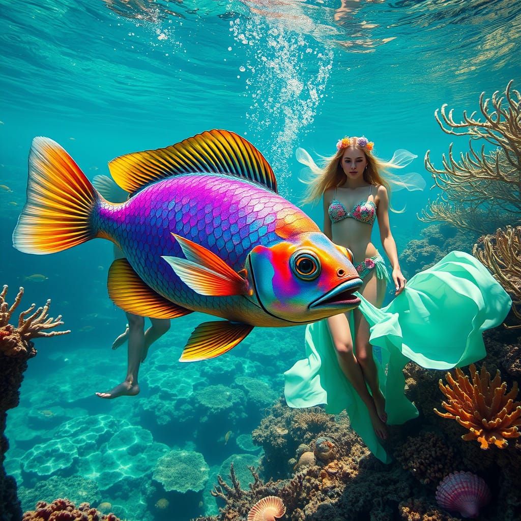 Vibrant Fish Swims with Mermaids in a Whimsical Ocean Scene