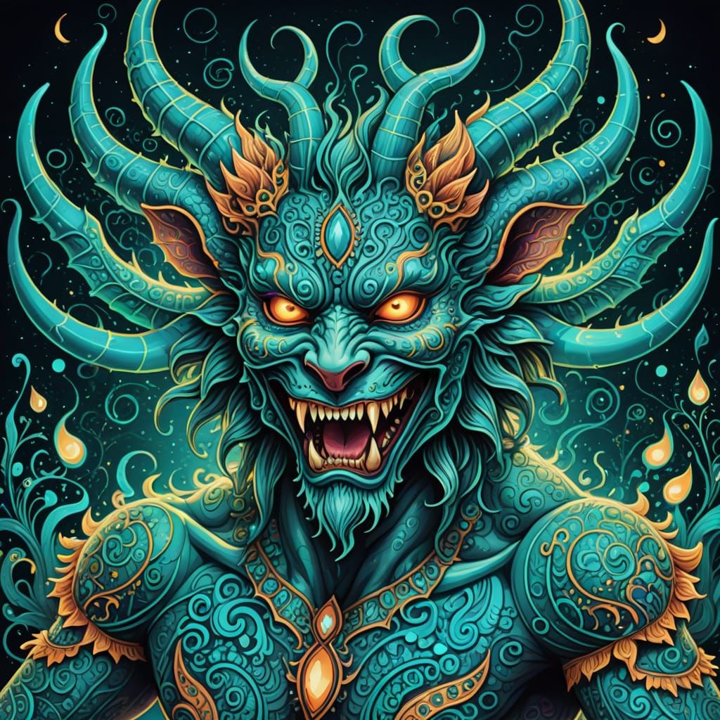 Mystical Animal Demon Dancing in Turquoise Psychedelic Art