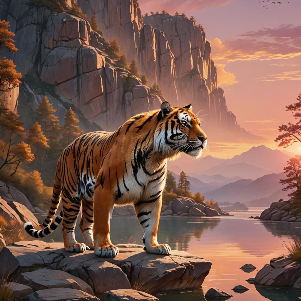 Tiger Overlooking Lake at Sunset in Digital Art
