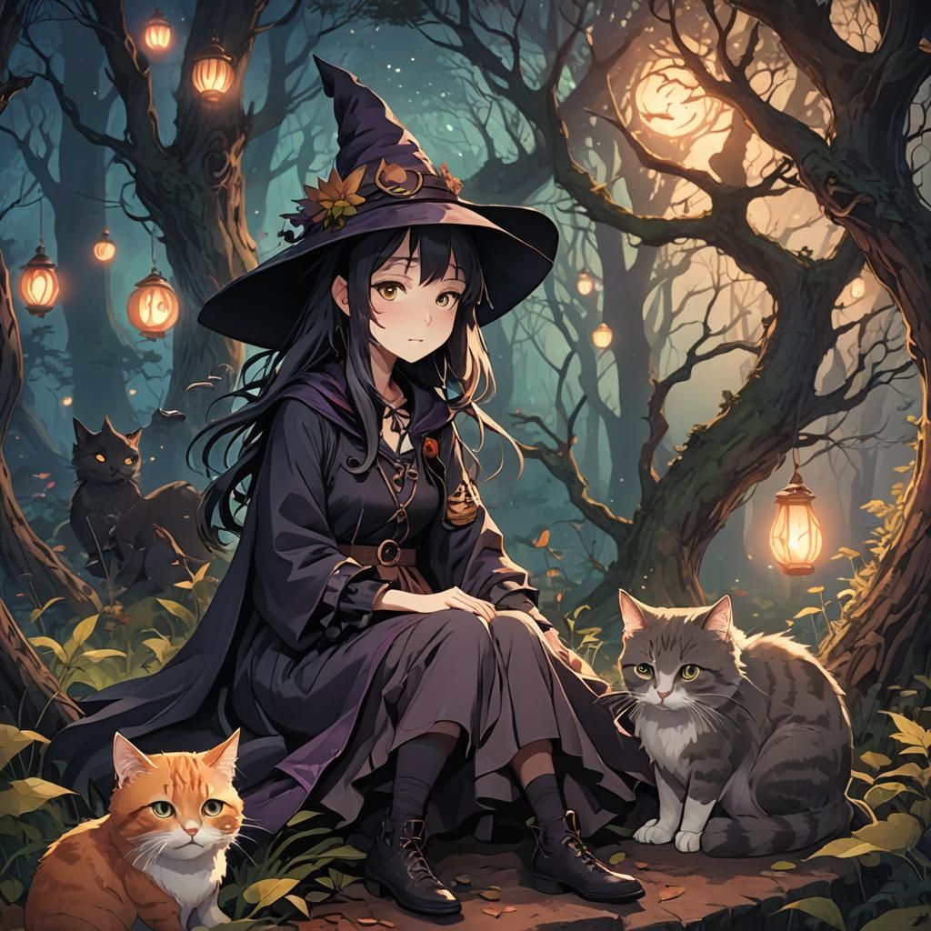 Anime Witch and Cat in Mystical Forest