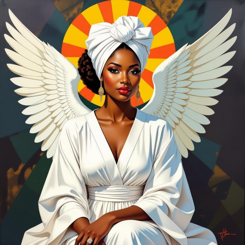Afro-Caribbean Angel in White Head Wrap