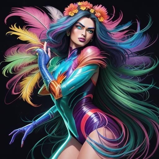 Rainbow Woman with Peacock Hair in Comic Book Style