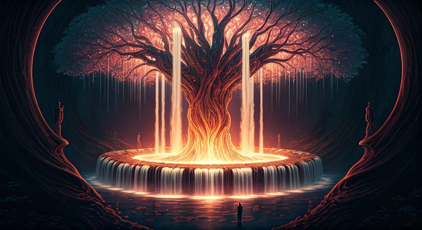 Bioluminescent Forest Fountain in Art Nouveau Style