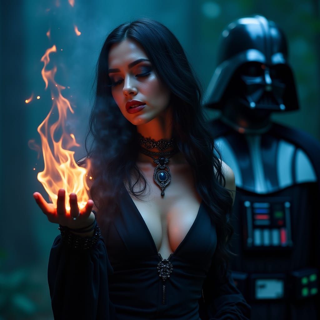 Dark Fantasy Sorceress with Fire Magic, Blue Lighting