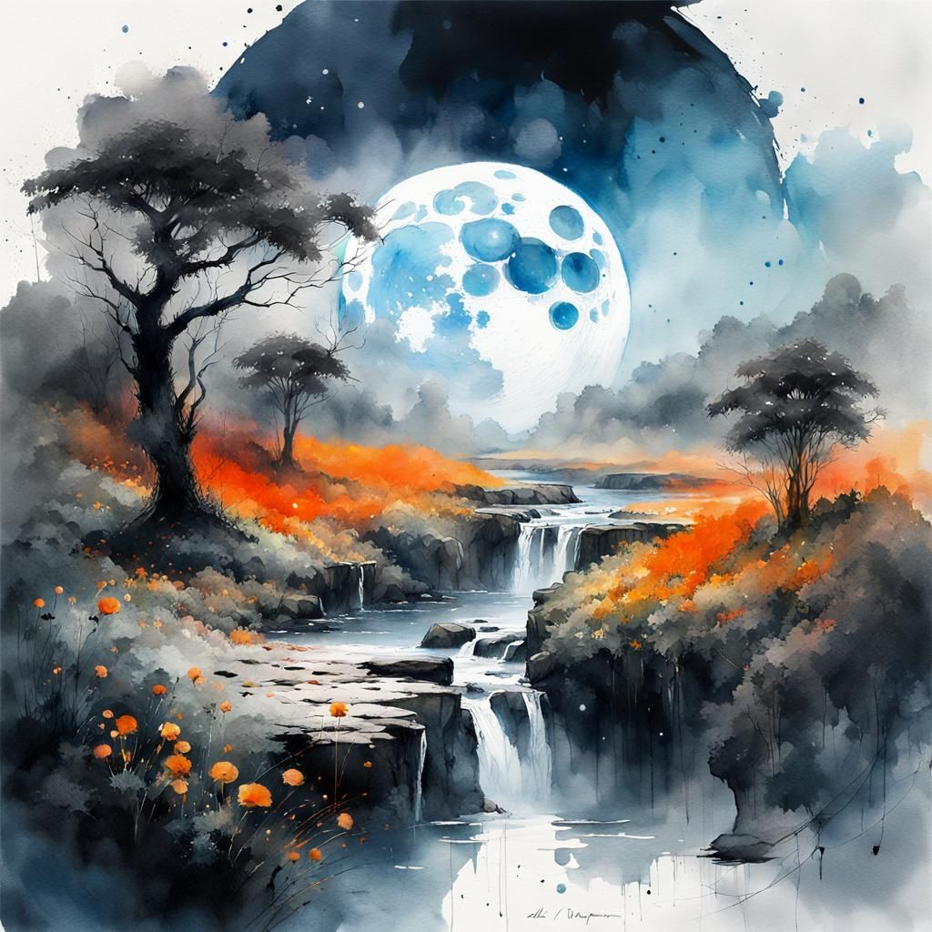 Lush Moonlit Landscape in Watercolor Style