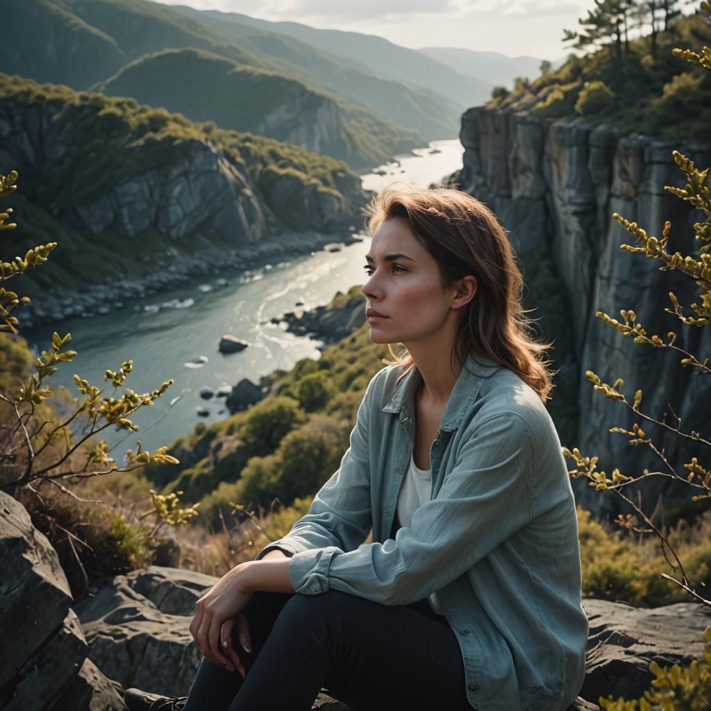 Woman Contemplating Serene Landscape in Pastel Colors