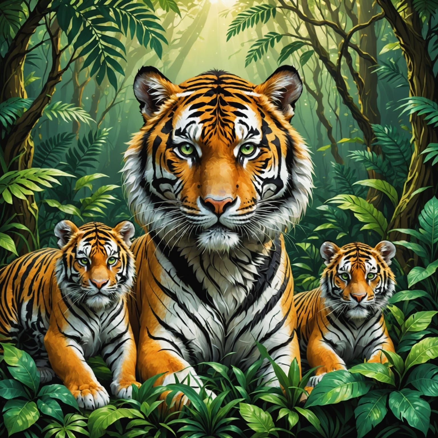Majestic Tiger in Lush Jungle, Radiant with Emerald Eyes