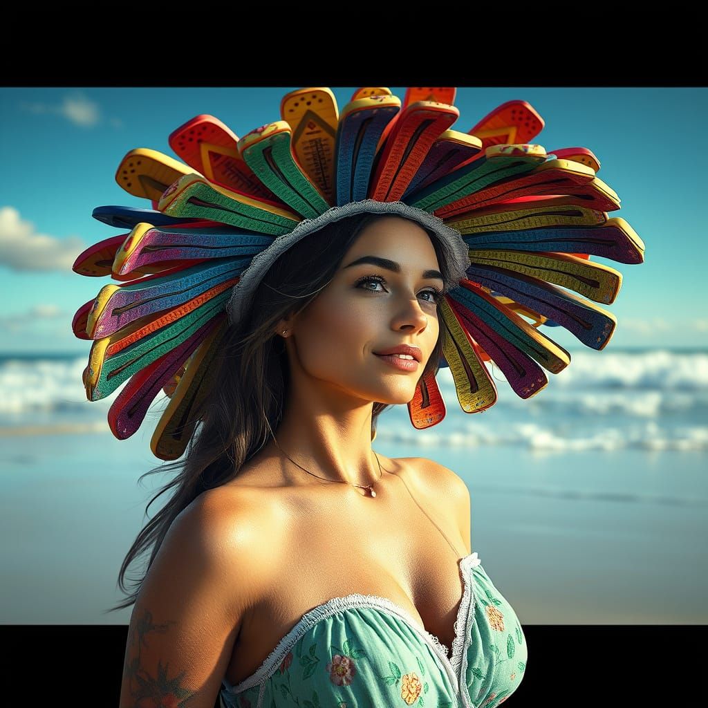 Woman in Flip-Flop Hat on Beach