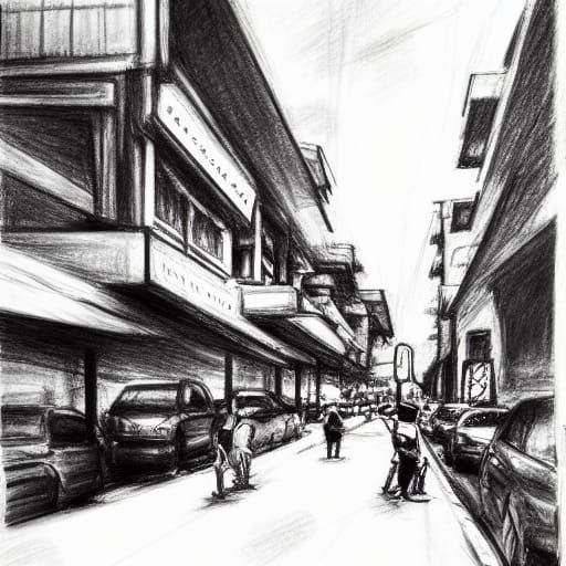 Kuala Lumpur Street Scene: Hand-Drawn Black and White Sketch