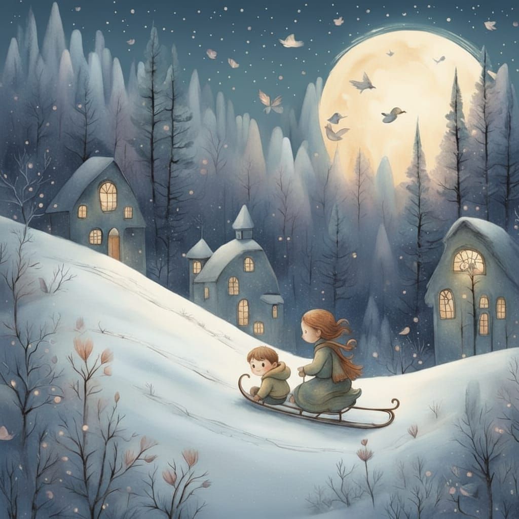 Children Sledding Down Snowy Hill in Dreamlike Fantasy Style