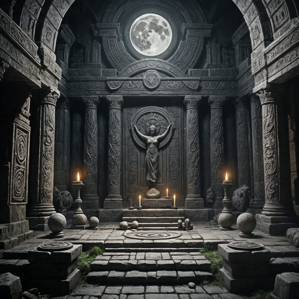 Ancient Celtic Pagan Altar in Dark Temple