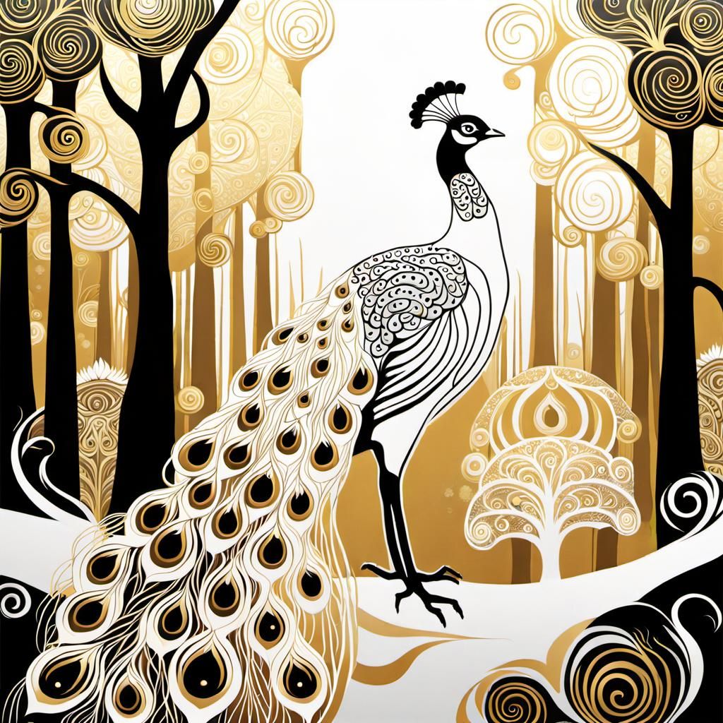 Regal Peacock Wields Golden Majesty in Ancient Forest