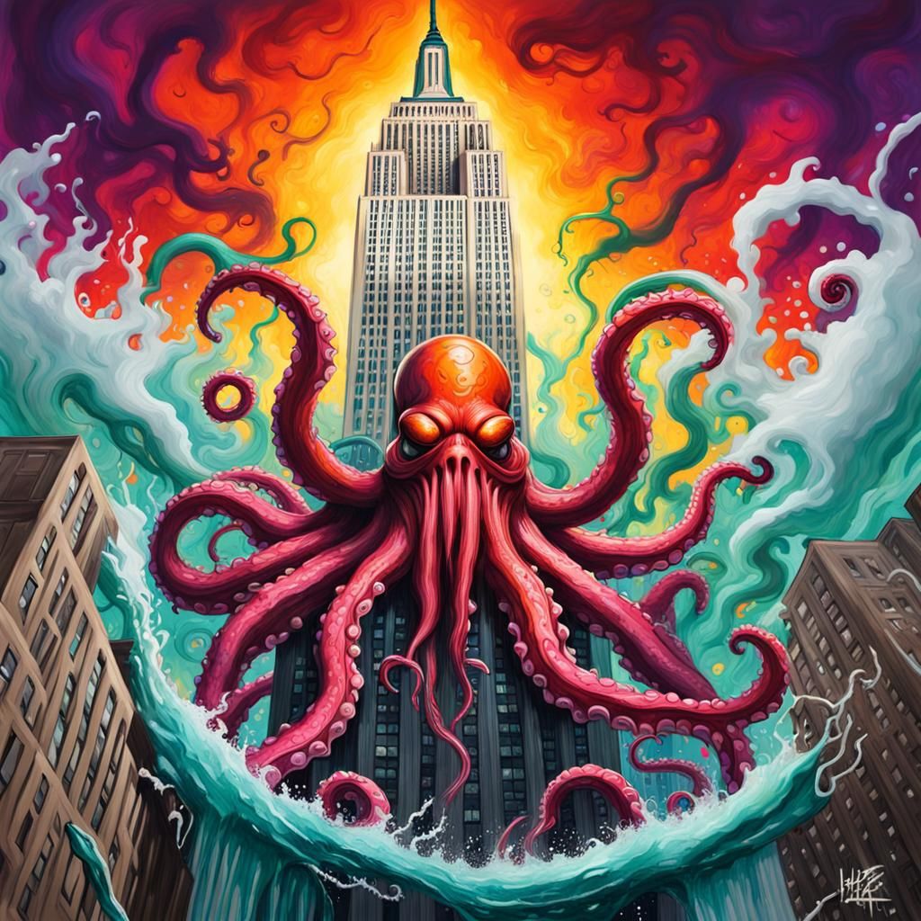 Kraken Attacks Empire State Building as Graffiti Art
