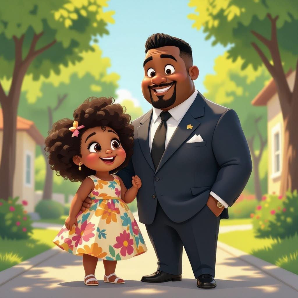 Girl and Father in Sunlit Animated Style