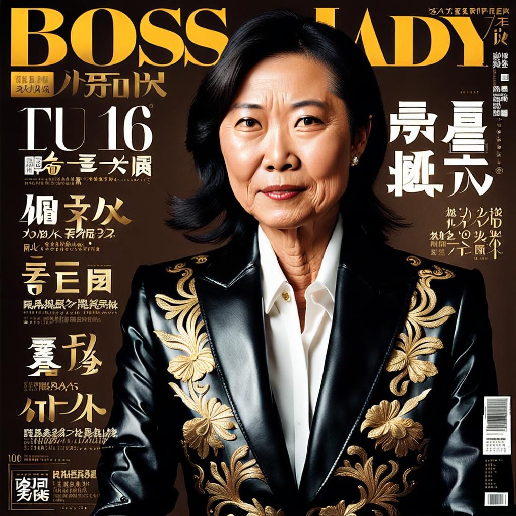 Japanese Businesswoman in Gold-Embroidered Leather Suit