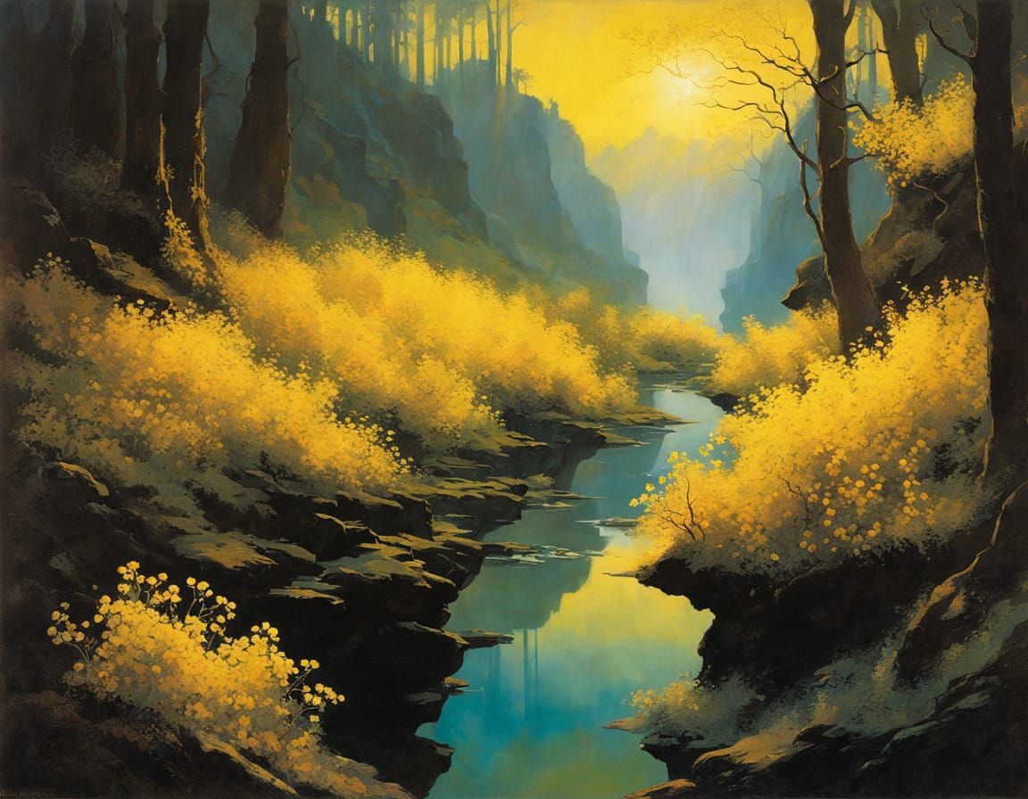 Sunny Grotto Amidst Dark Ravine Blooms with Yellow Flowers