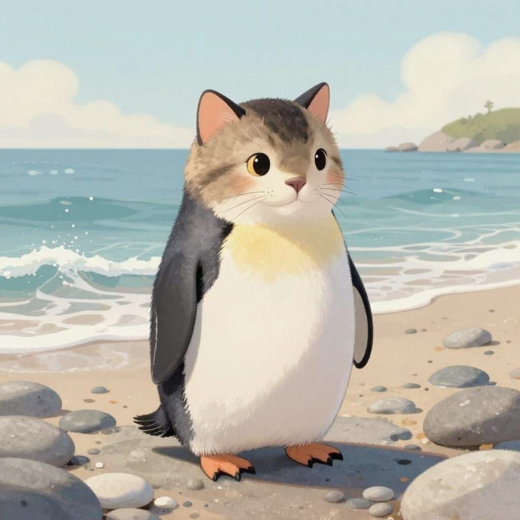 Penguin-Cat Hybrid on a Serene Beach in Storybook Style