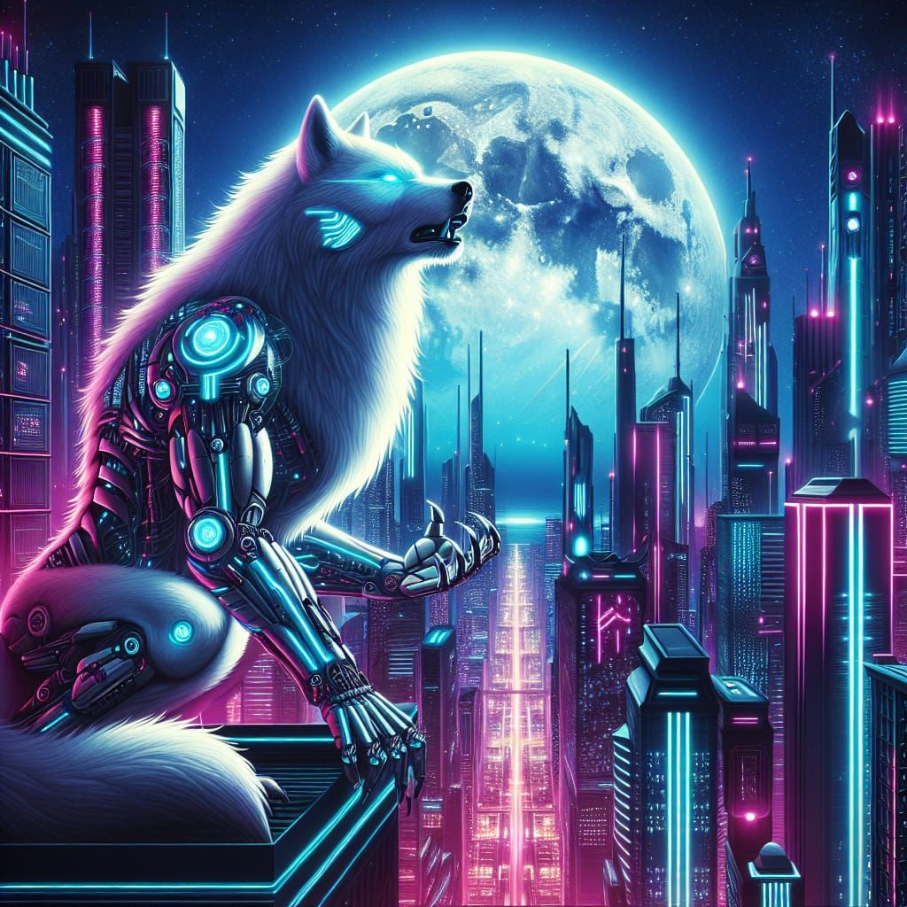 Cybernetic Werewolf Howls in Neon Cityscape