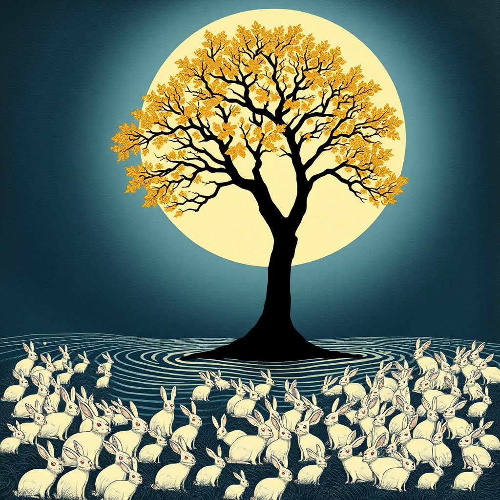 Moonlit Tree with Golden Leaves and White Rabbits