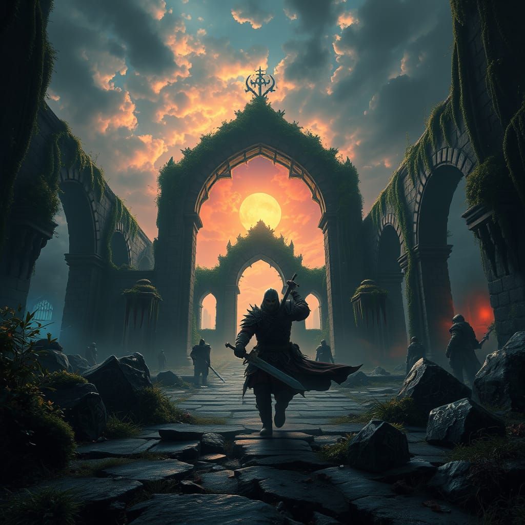 Epic Warrior Charges Forward Amidst Ancient Ruins