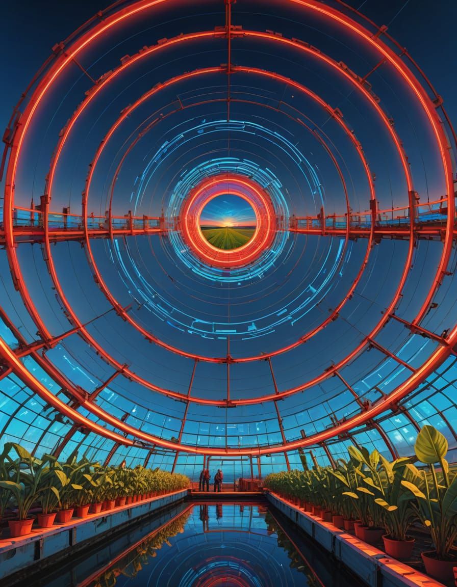 Futuristic Farming Wonders in Neon-Lit Greenhouse Complex