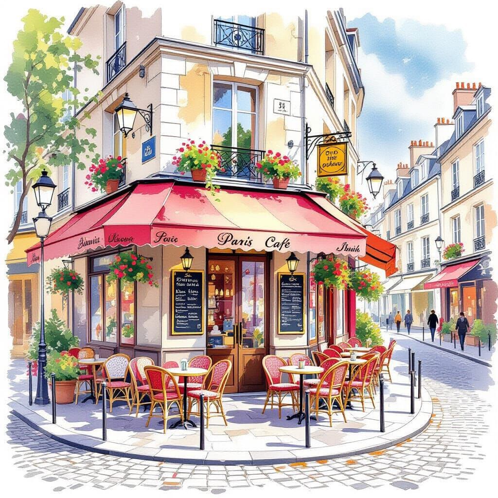 Parisian Cafe Scene in Watercolor Impressionistic Style