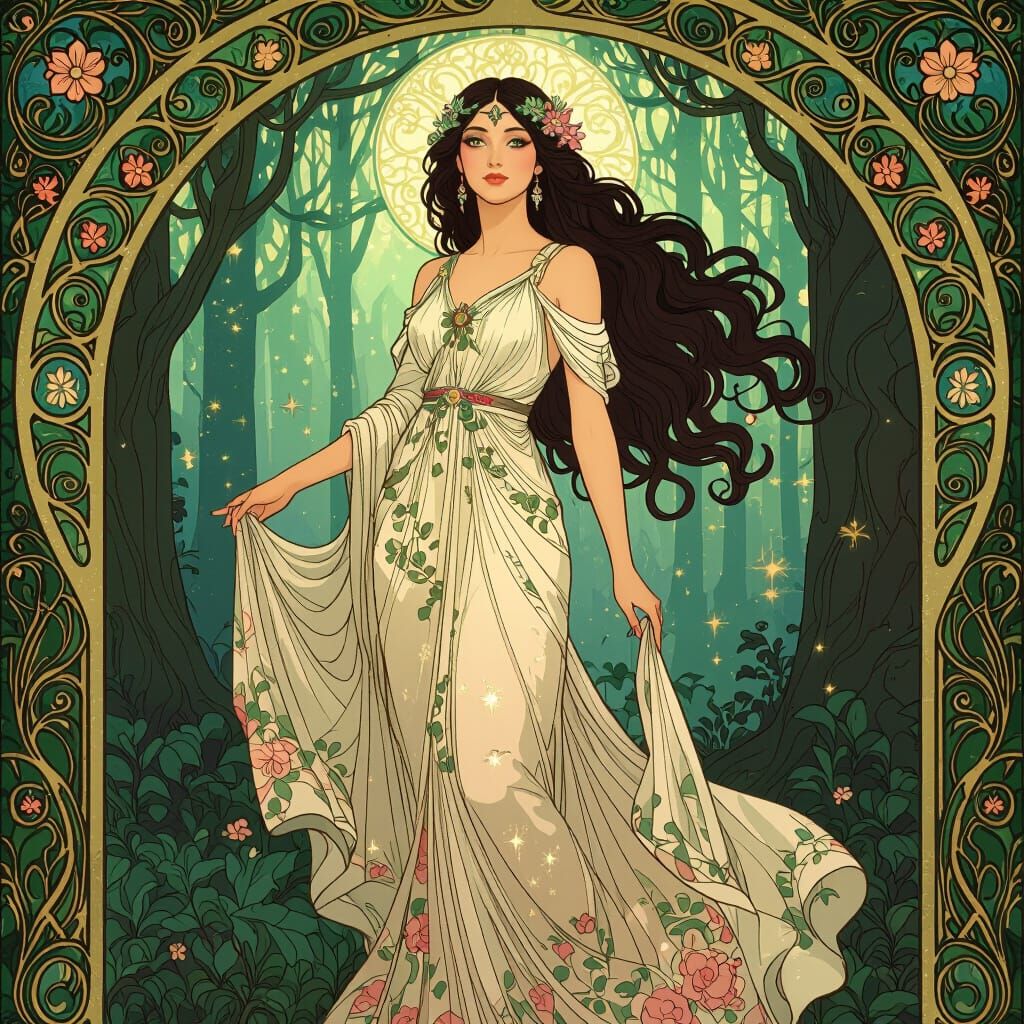 Goddess Adorned with Flowers in Art Nouveau Style