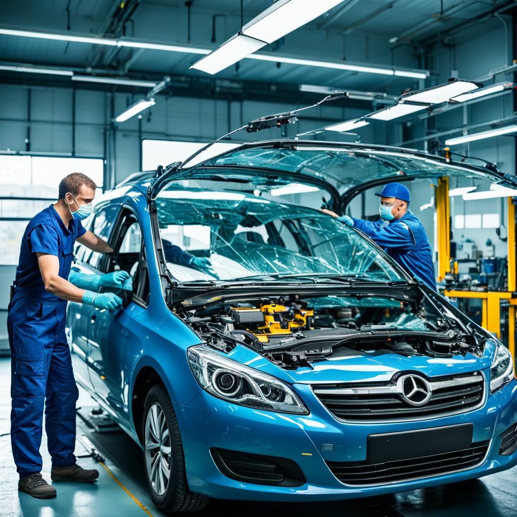 Windshield Replacement on Modern Car in Workshop