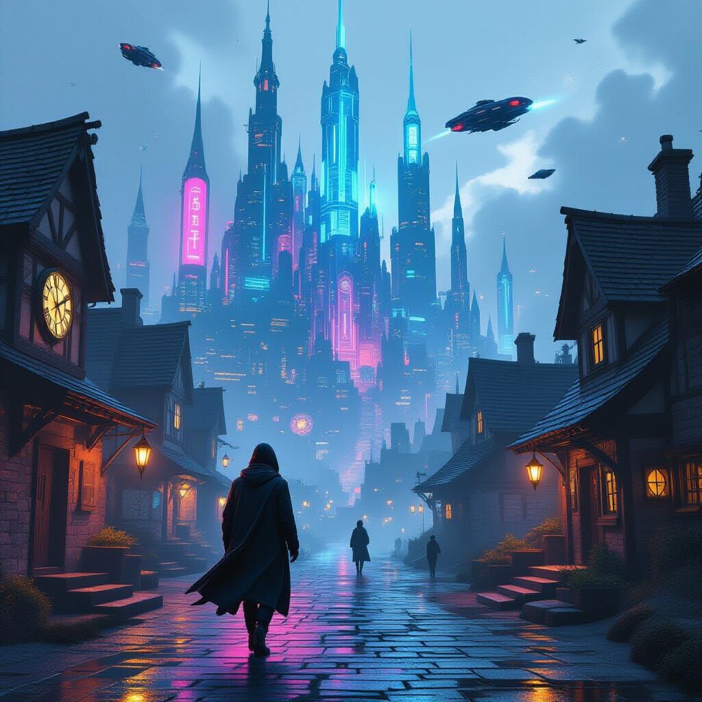 Time Traveler Between Cyberpunk City and Medieval Village