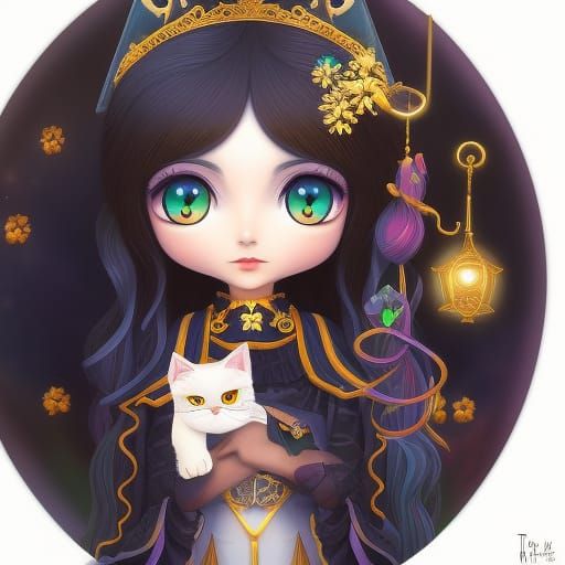 Kawaii Witch and Kitten in Anime Style