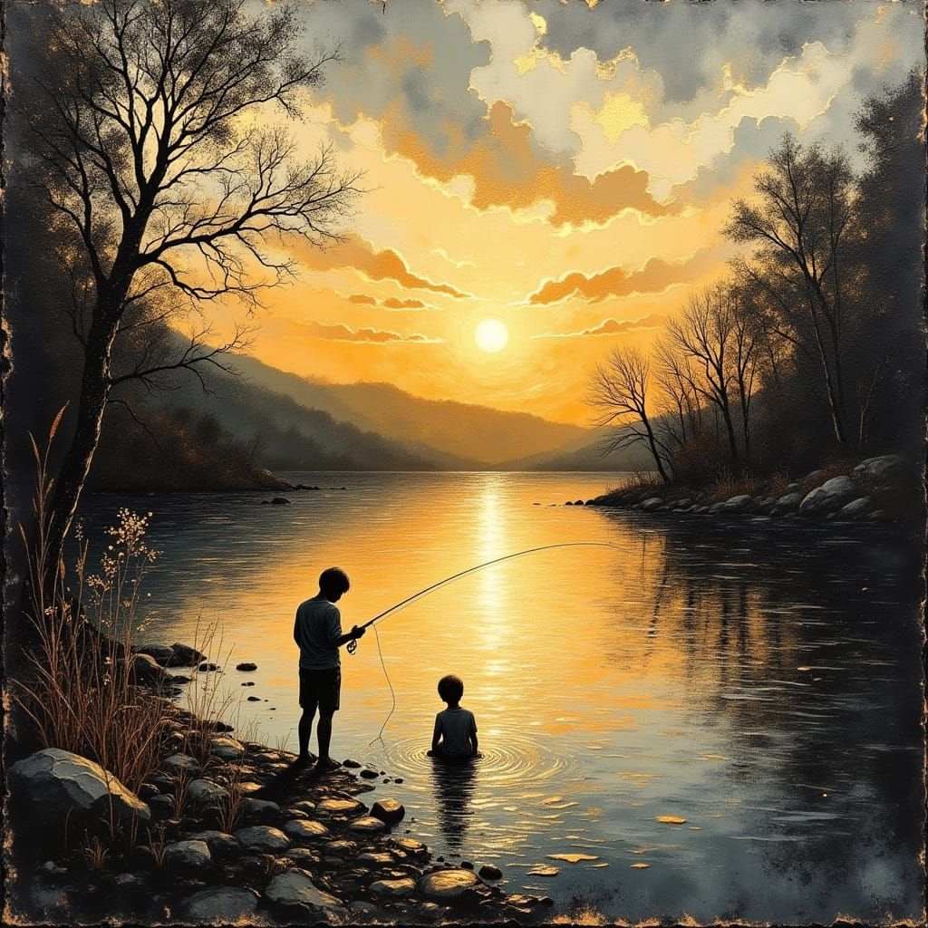 Painterly Fishing Scene at Twilight in Cloisonne Style