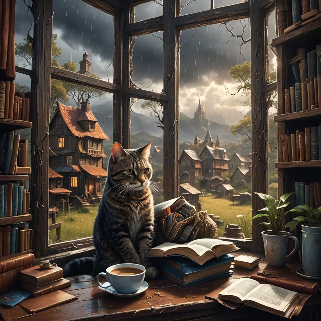 Cat Reading by Rainy Window, Detailed Digital Painting