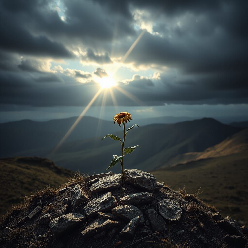 Barren, Windswept Landscape with a Withered Flower