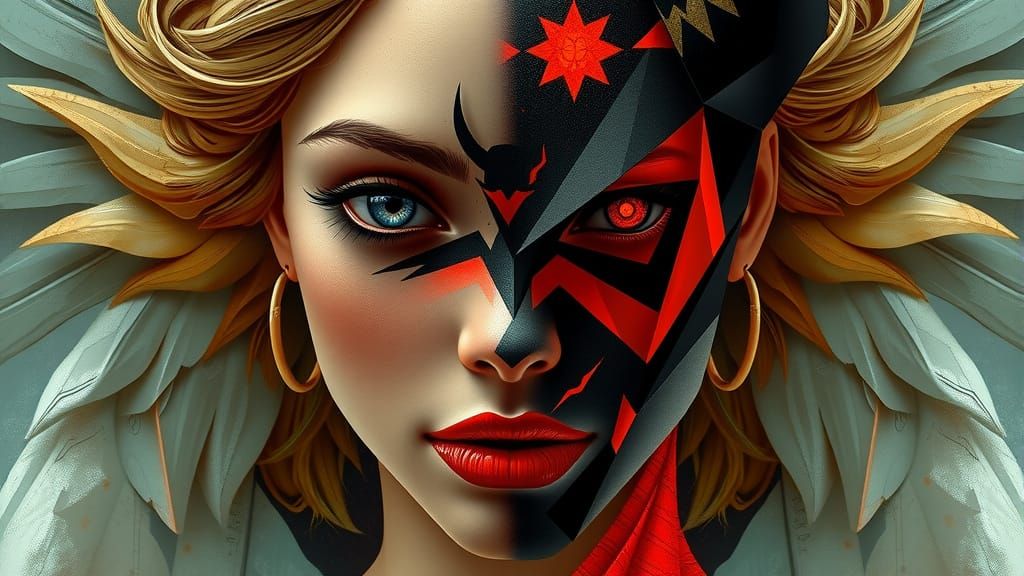 Angelic Demon Face in Cubist Art Deco Style