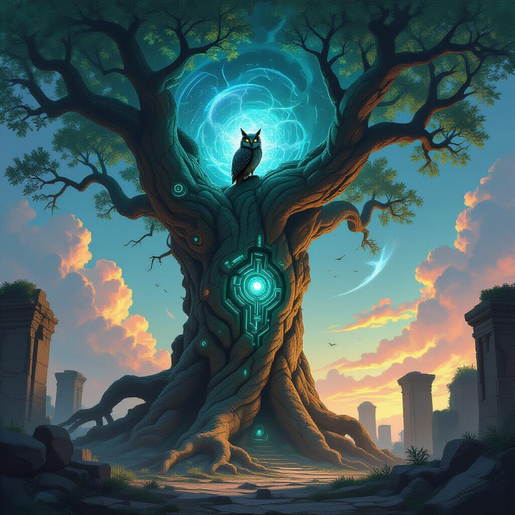 Ancient Biomechanical Tree in Ruin with Nebula Sky