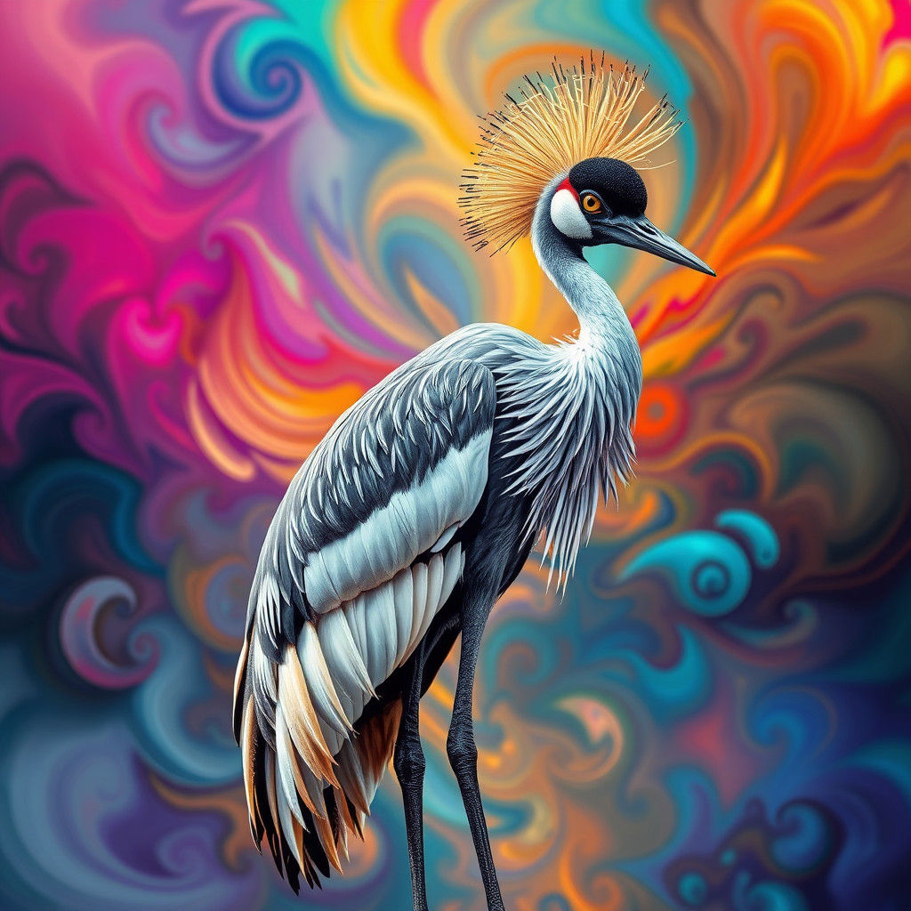 Majestic Grey Crowned Crane in Abstract Fractal Art