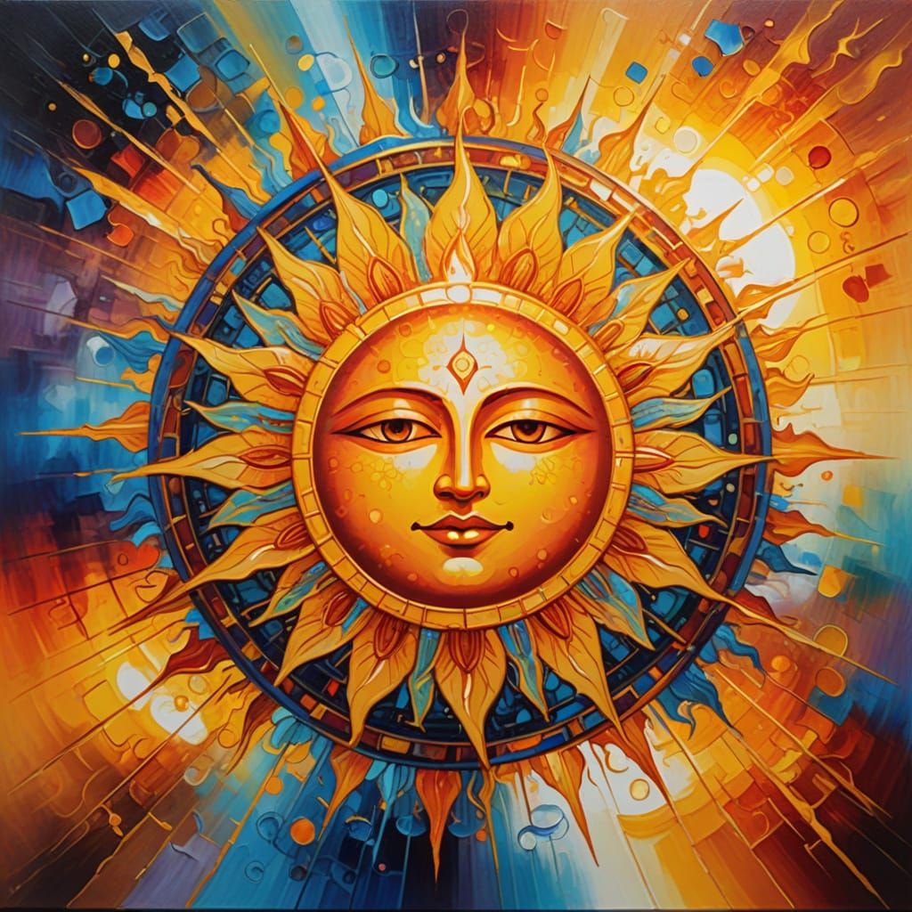 Vibrant Abstract Sun with Symbolic Patterns in Oil