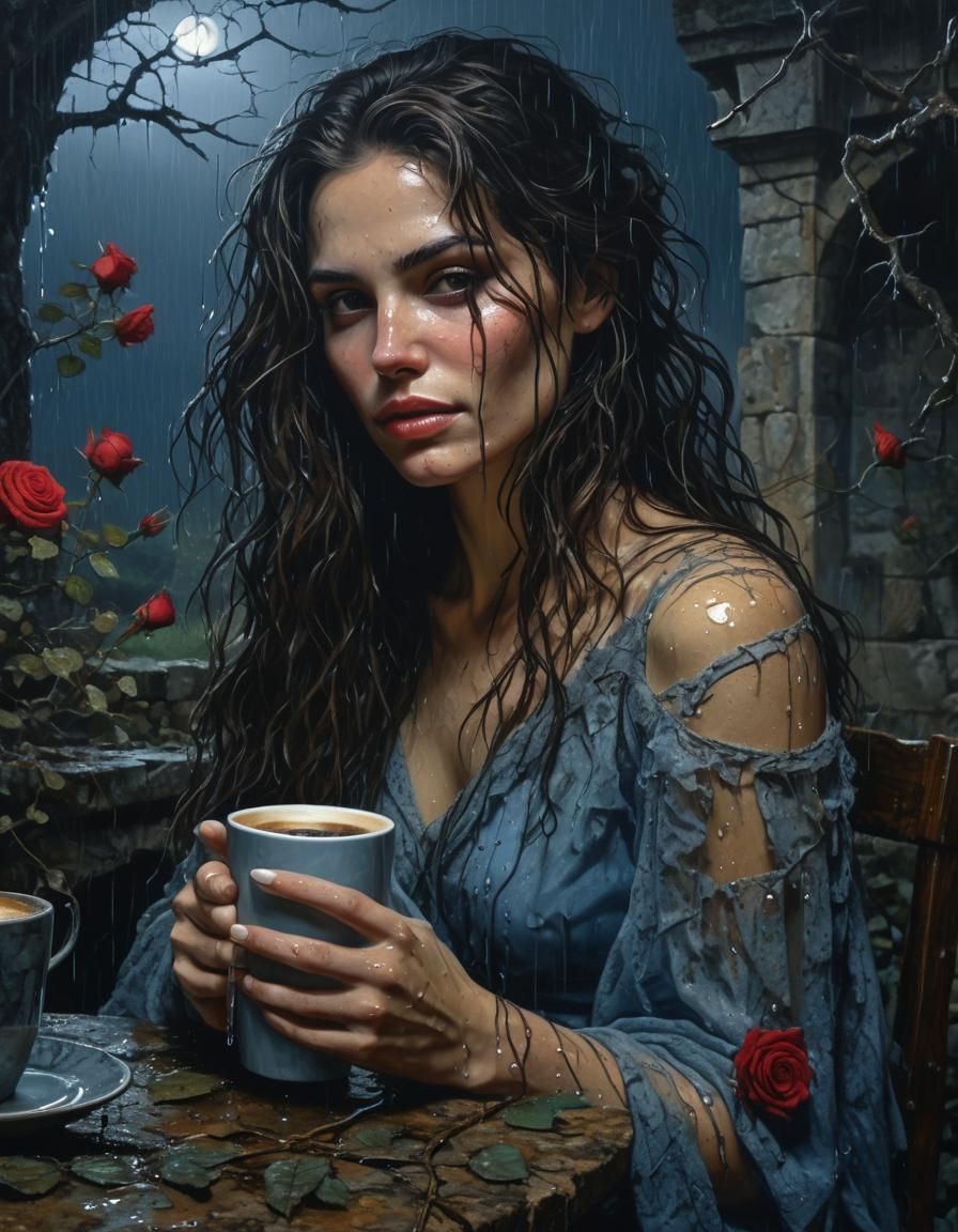 Ethereal Chiaroscuro: Woman in Rainy Stone Ruins