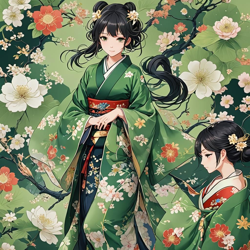 Green Silk Kimono in Anime Key Visual Style