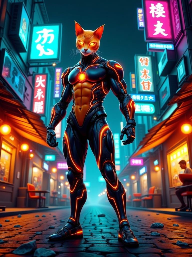 Cyberpunk Feline Hero in Neon-Lit Streets